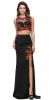 Floral Applique Mesh Top Two Piece Long Prom Dress in Black/Red